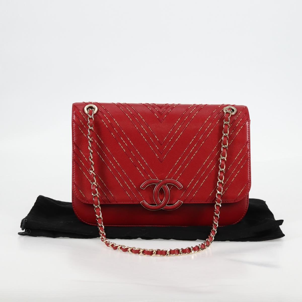 CHANEL Chain V Stitch Shoulder Bag Lamb Skin Red Gold CC Auth 126605SM