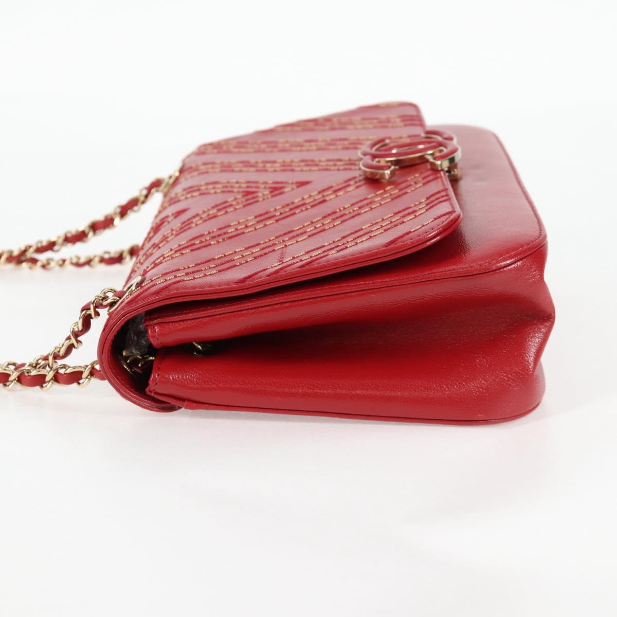 CHANEL Chain V Stitch Shoulder Bag Lamb Skin Red Gold CC Auth 126605M