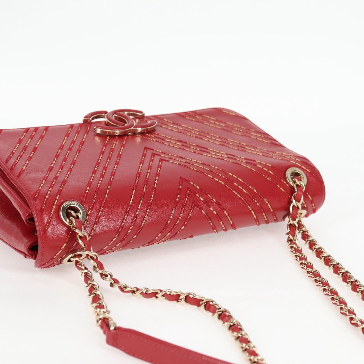 CHANEL Chain V Stitch Shoulder Bag Lamb Skin Red Gold CC Auth 126605M