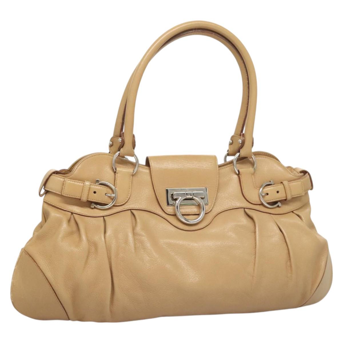 Salvatore Ferragamo Gancini Hand Bag Leather Beige Silver Auth 126621