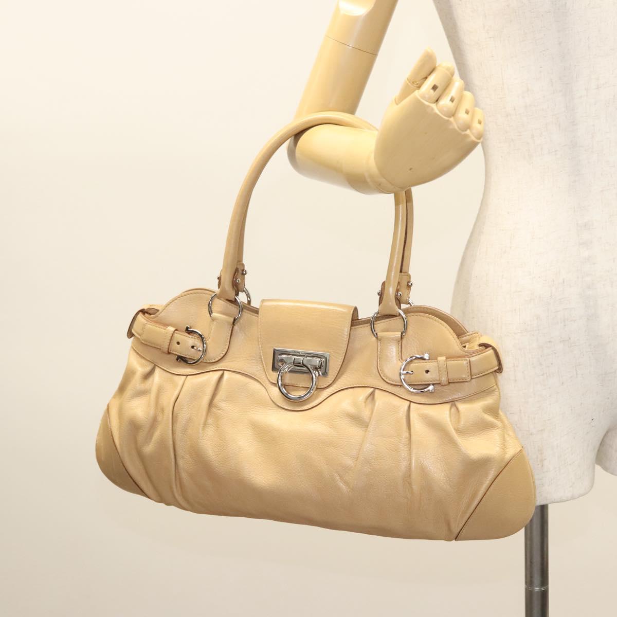 Salvatore Ferragamo Gancini Hand Bag Leather Beige Silver Auth 126621