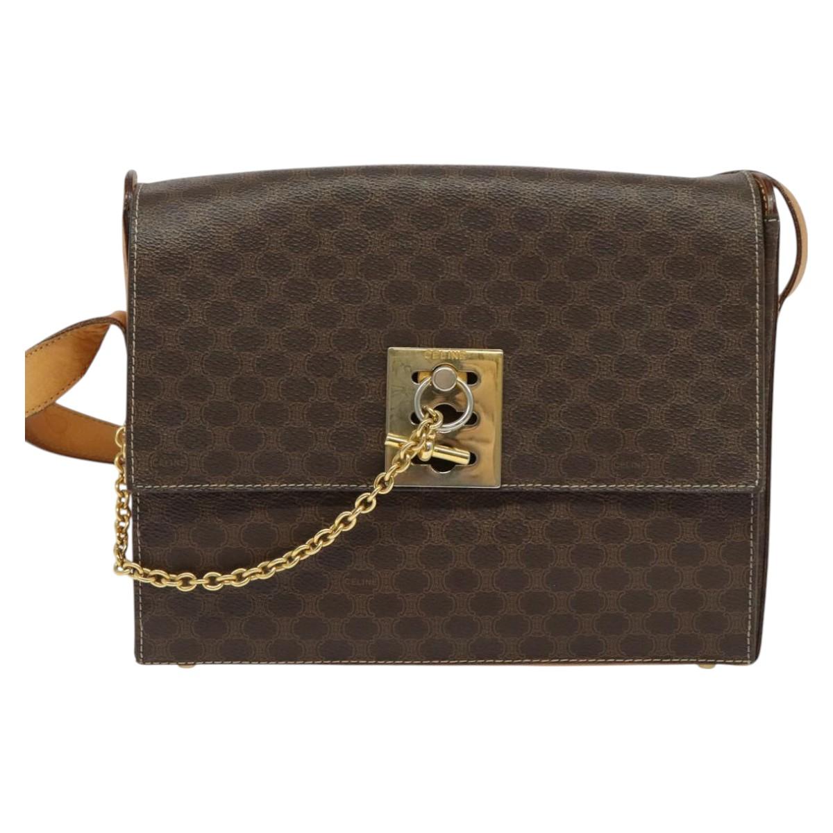 CELINE Macadam Canvas Shoulder Bag PVC Leather Brown Gold Auth 126661