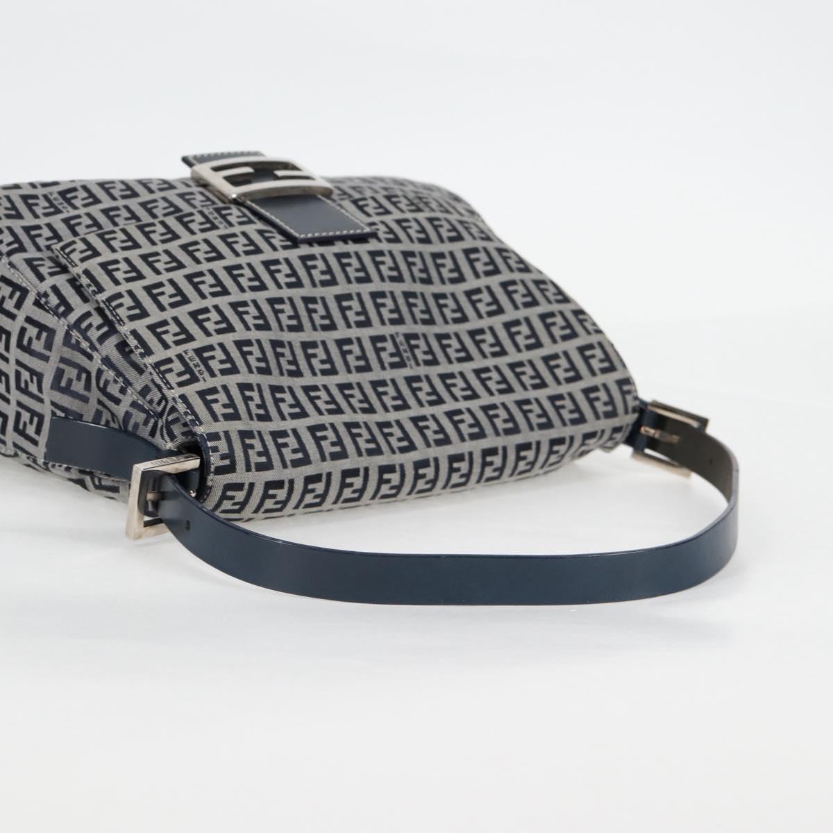 FENDI Zucchino Canvas Mamma Baguette Shoulder Bag Navy Silver Auth 126702V