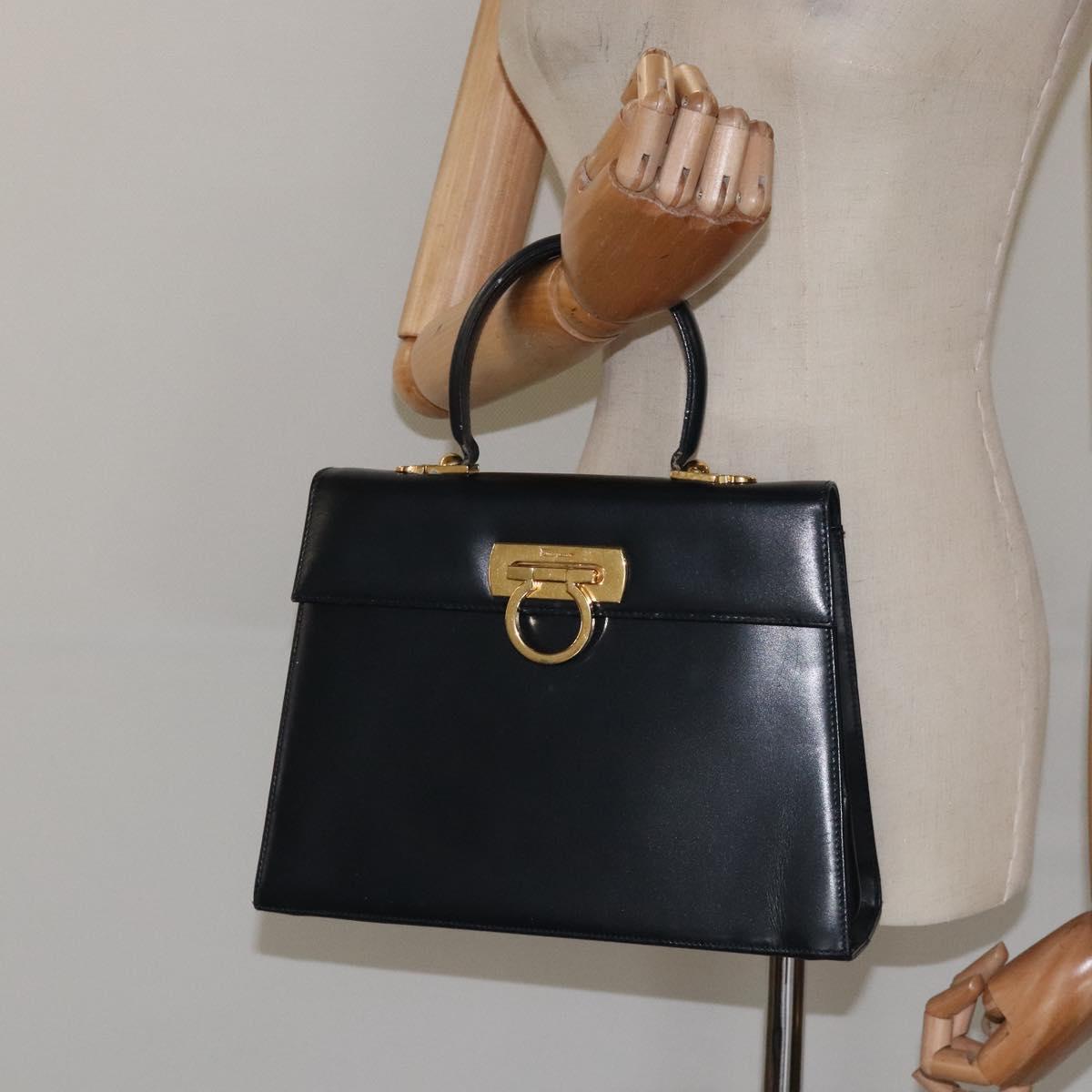 Salvatore Ferragamo Gancini Hand Bag Leather 2way Black Silver Auth 126752