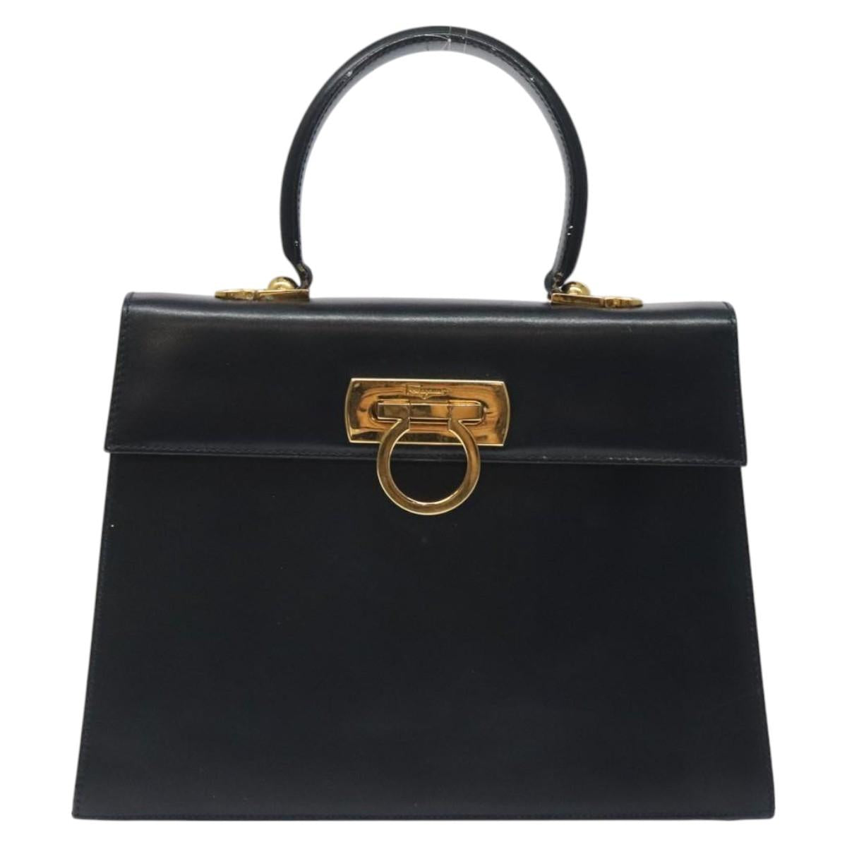 Salvatore Ferragamo Gancini Hand Bag Leather 2way Black Silver Auth 126752