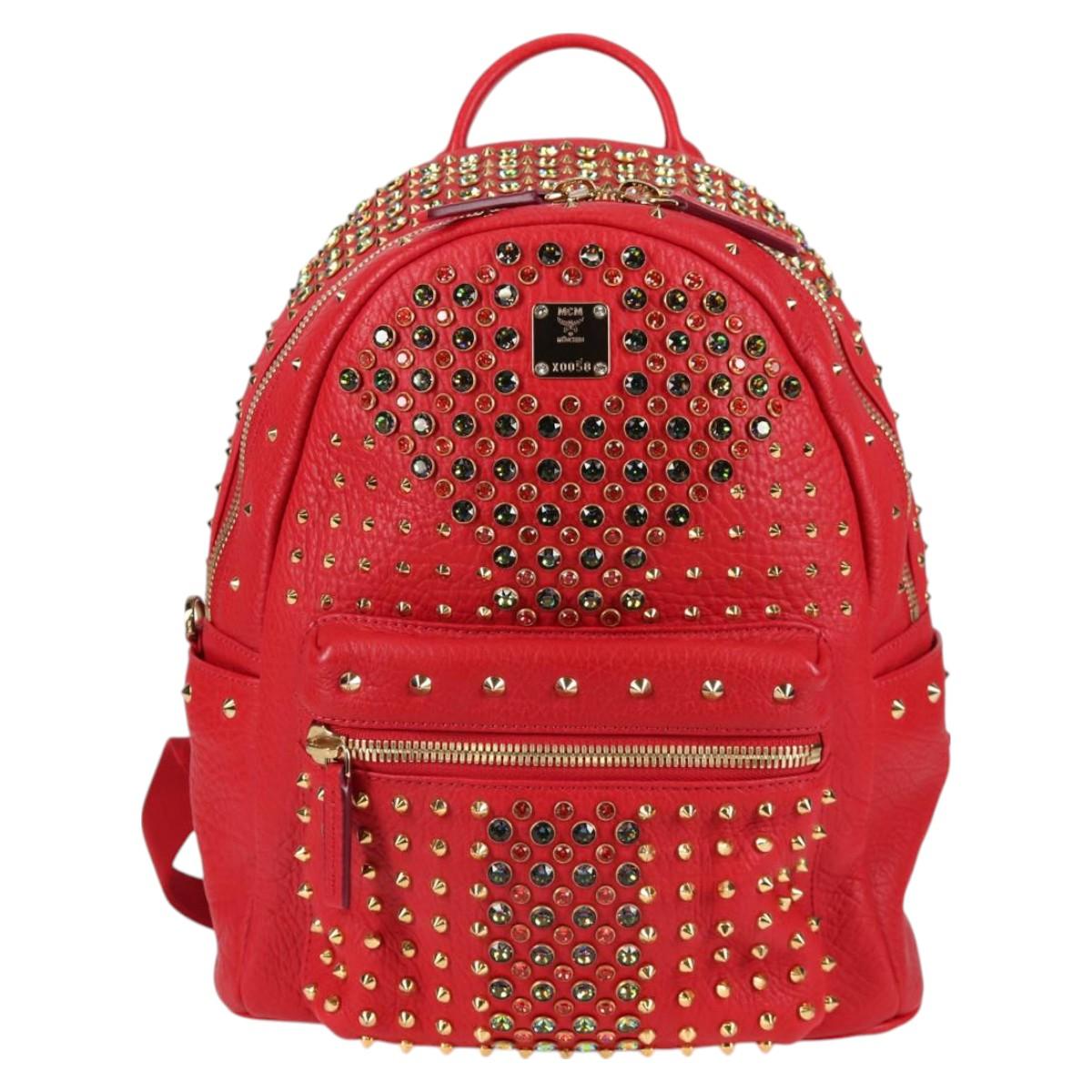 MCM Logogram Vicetos studs Backpack Leather Red Gold Auth 126799V