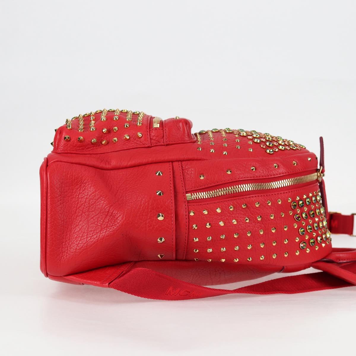 MCM Logogram Vicetos studs Backpack Leather Red Gold Auth 126799V