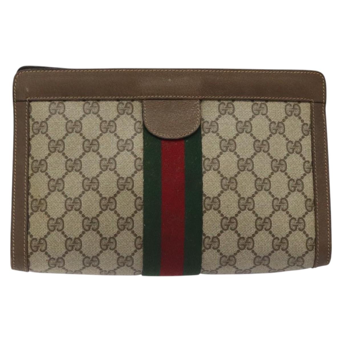 GUCCI GG Supreme Web Sherry Line Clutch Bag PVC Beige Red 89 01 002 Auth 126899
