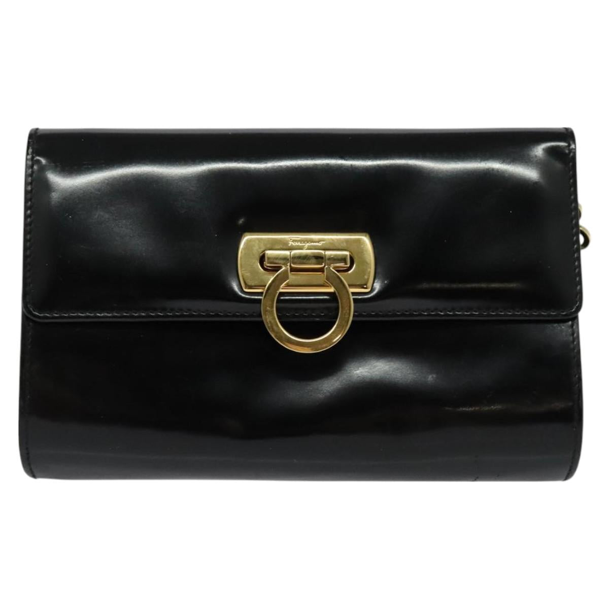 Salvatore Ferragamo Gancini Chain Bag Patent Leather Black Gold Auth 126967