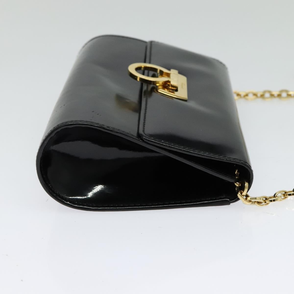 Salvatore Ferragamo Gancini Chain Bag Patent Leather Black Gold Auth 126967