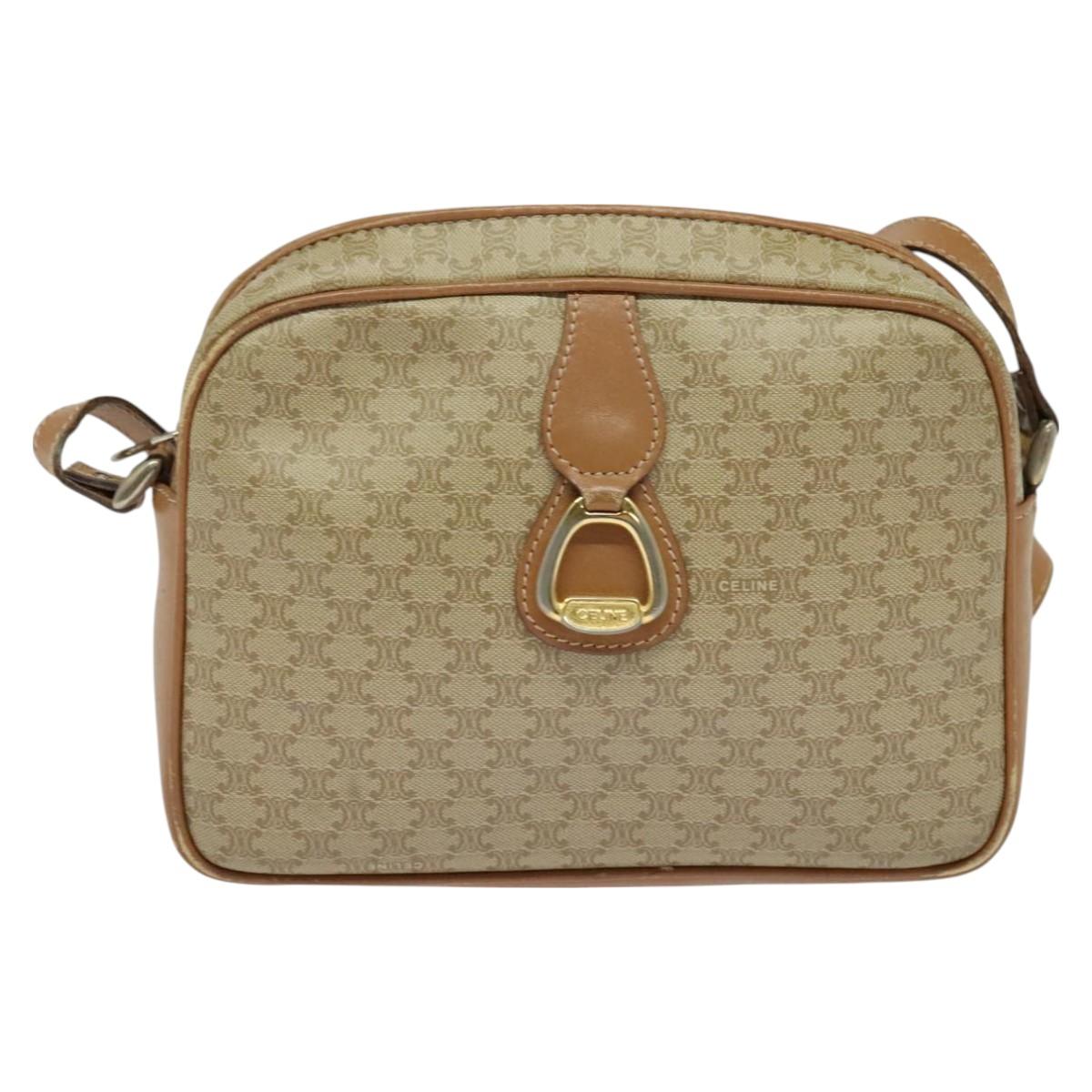 CELINE Macadam Canvas Shoulder Bag Beige Gold Auth 126988