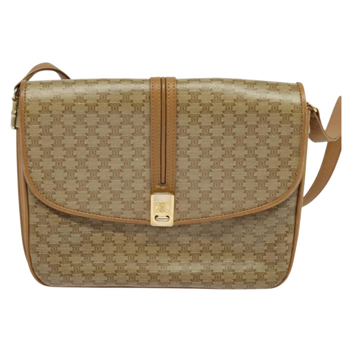 CELINE Macadam Canvas Shoulder Bag PVC Beige Gold Auth 126995