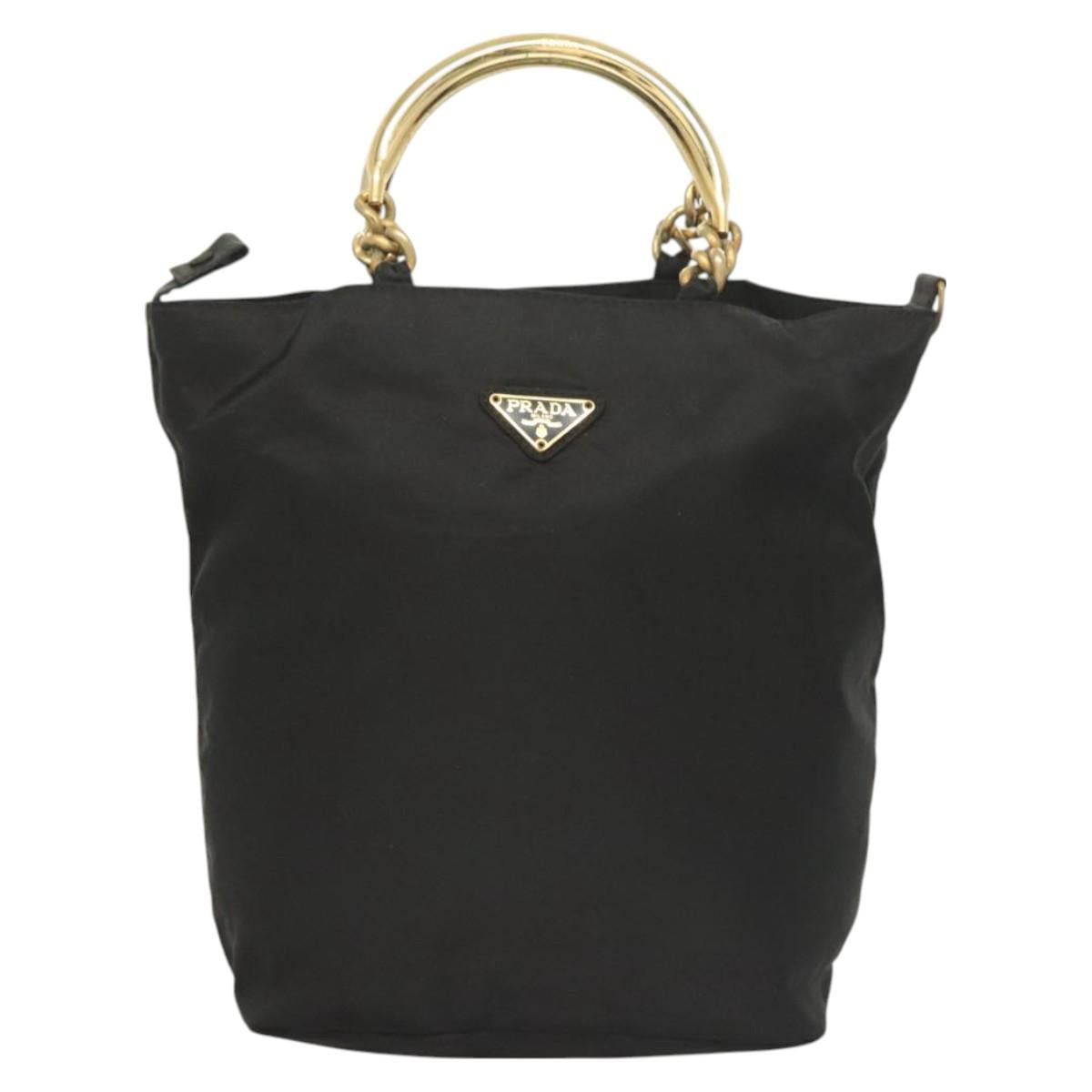 PRADA Chain Hand Bag Nylon Black Gold Auth 127043