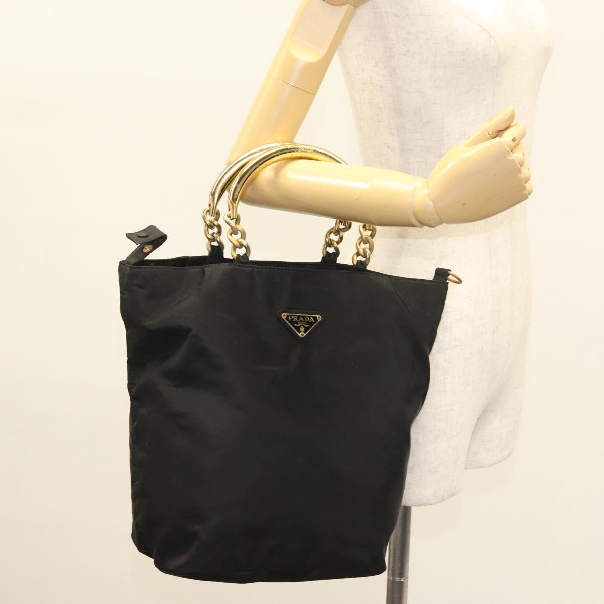 PRADA Chain Hand Bag Nylon Black Gold Auth 127043