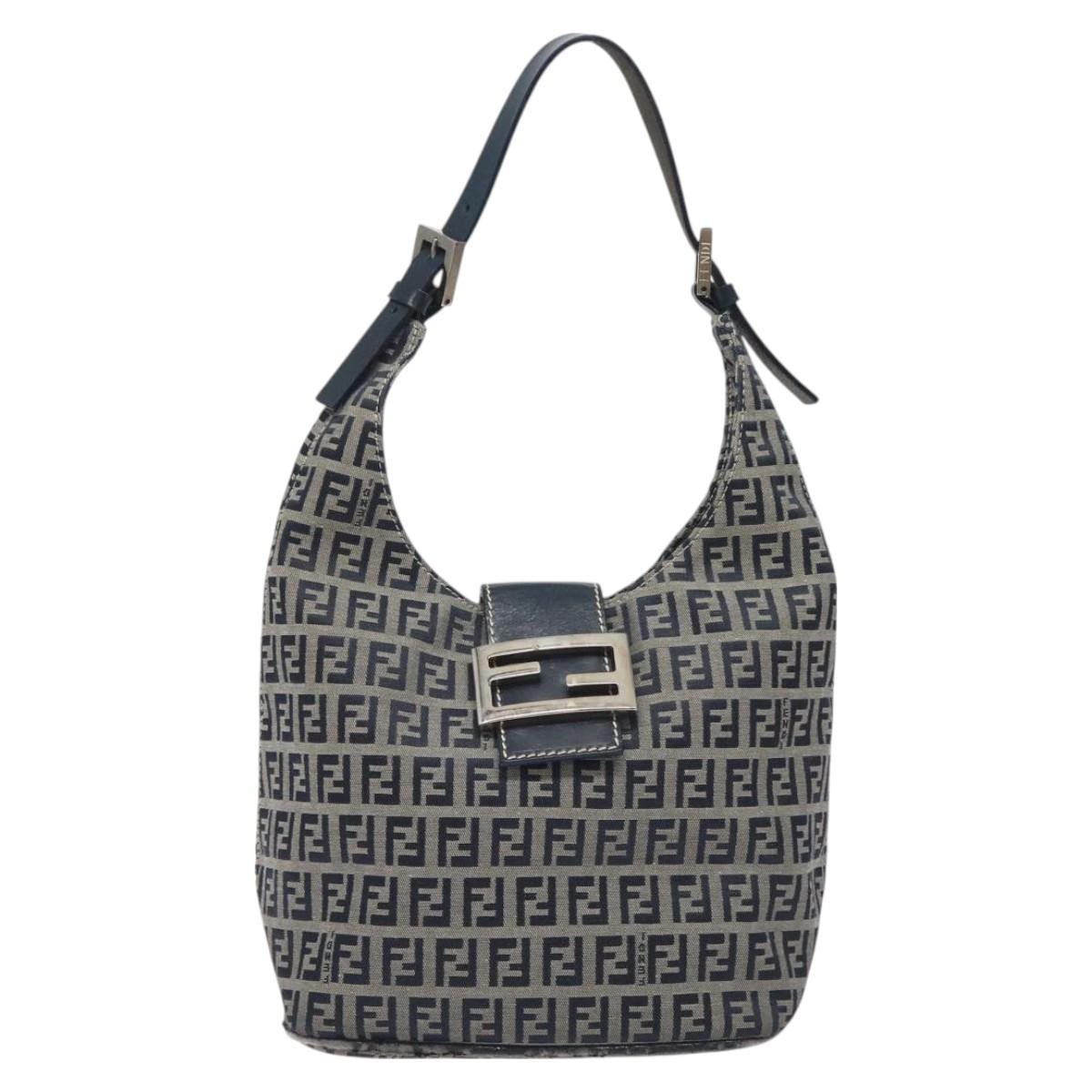 FENDI Zucchino Canvas Shoulder Bag Navy Silver Auth 127065
