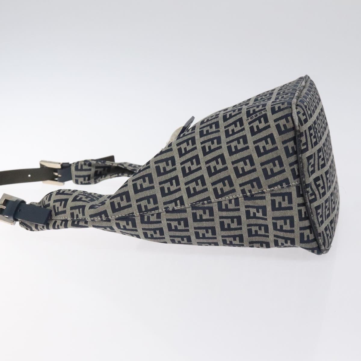 FENDI Zucchino Canvas Shoulder Bag Navy Silver Auth 127065
