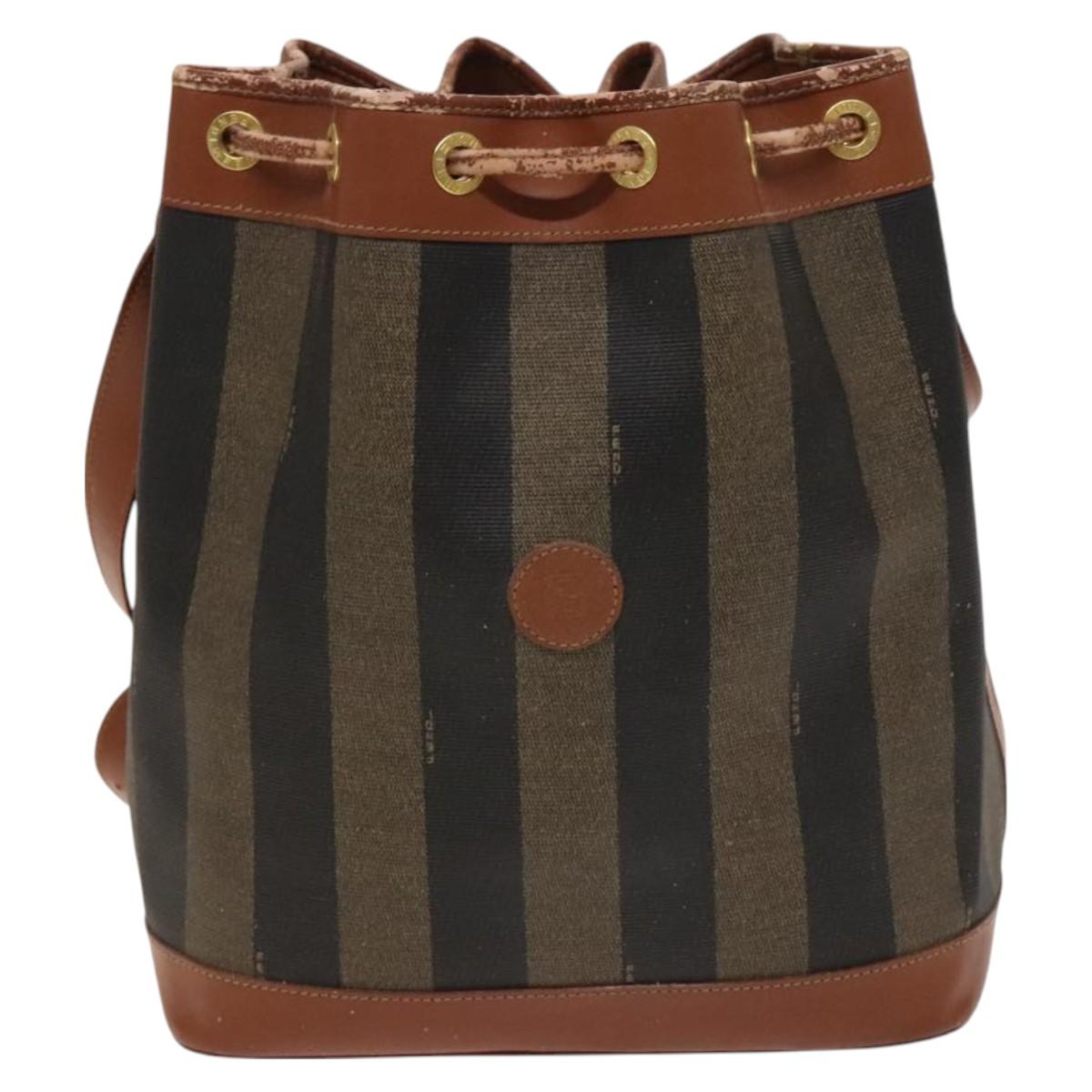 FENDI Pecan Canvas Shoulder Bag PVC Black Brown Auth 127073
