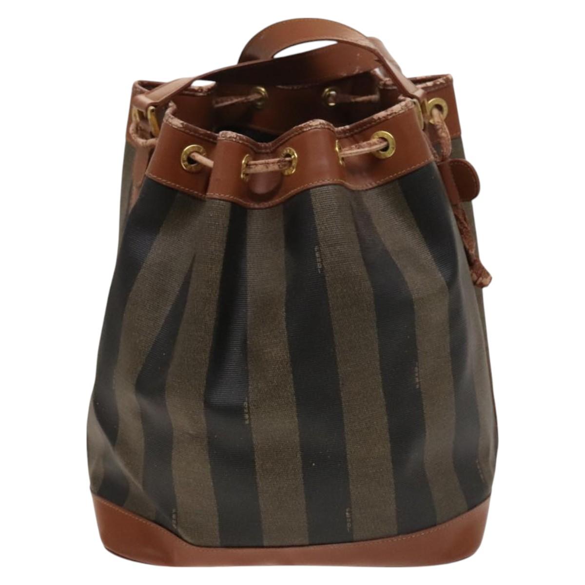 FENDI Pecan Canvas Shoulder Bag PVC Black Brown Auth 127073