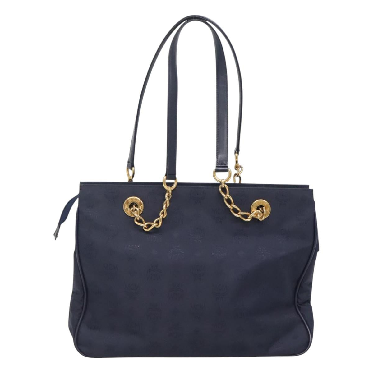 MCM Logogram Vicetos Shoulder Bag Nylon Navy Gold Auth 127085