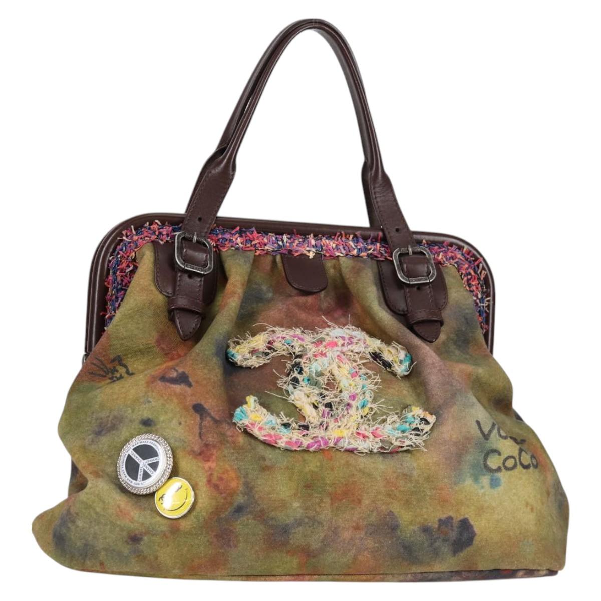 CHANEL Embroidery Graffiti Hand Bag Canvas Leather Khaki CC Auth 127134SM
