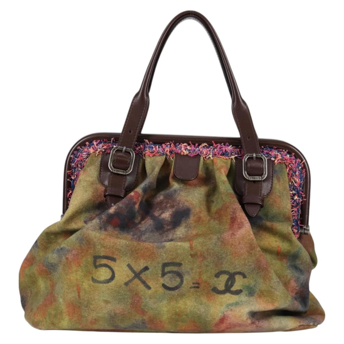 CHANEL Embroidery Graffiti Hand Bag Canvas Leather Khaki CC Auth 127134SM