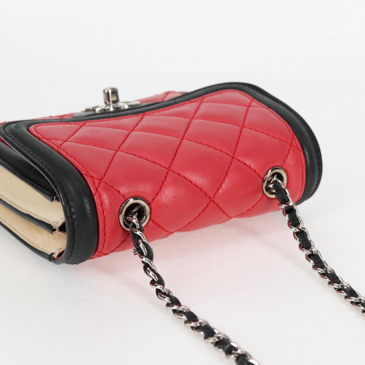 CHANEL Matelasse Chain Shoulder Bag Lamb Skin Red Silver CC Auth 127167SAM