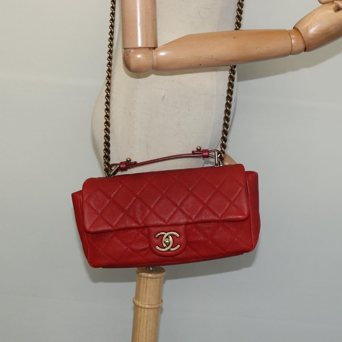 CHANEL Matelasse Chain Shoulder Bag Caviar Skin Red CC Auth 127170