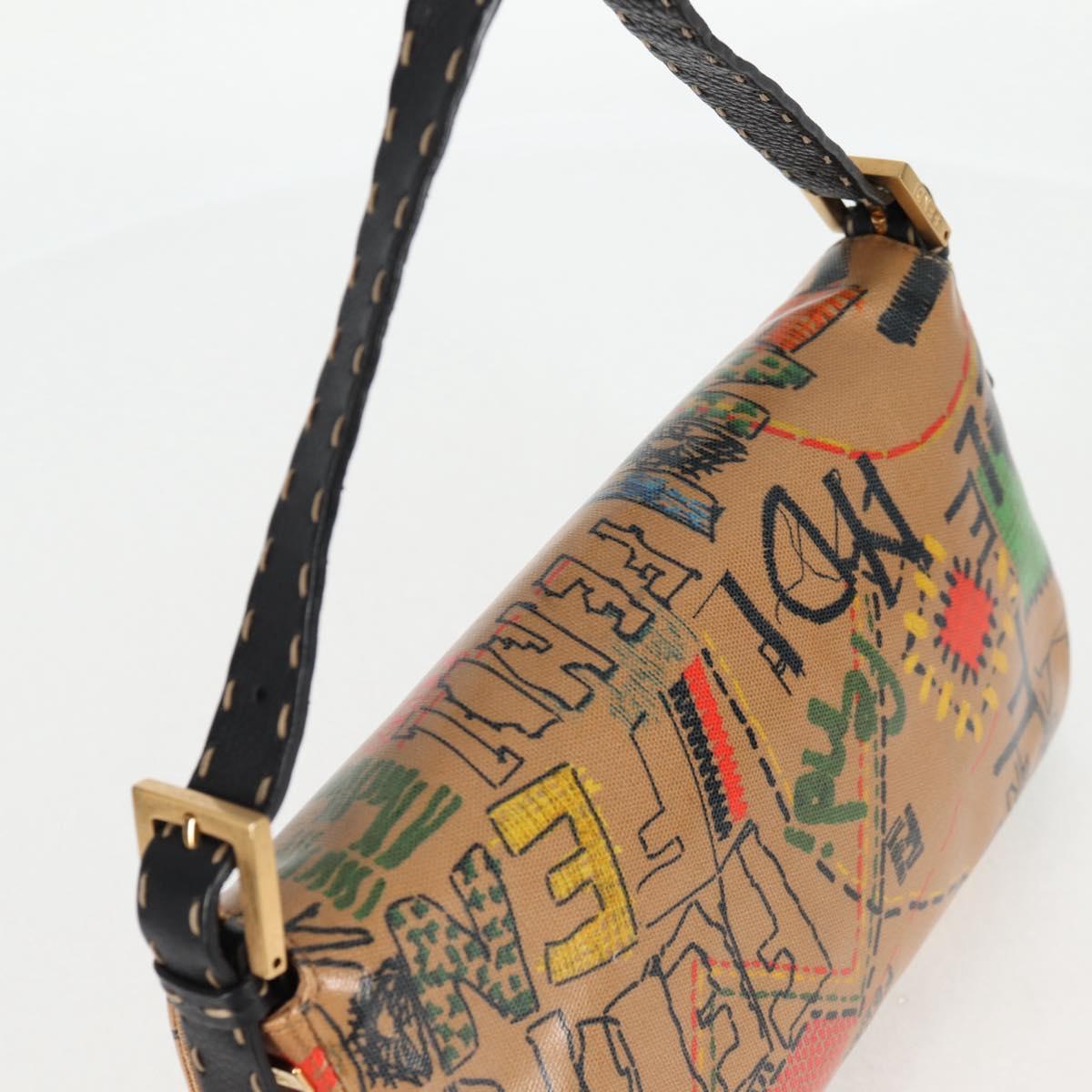 FENDI Mamma Baguette Shoulder Bag Coated Canvas Brown Gold Auth 127210SM