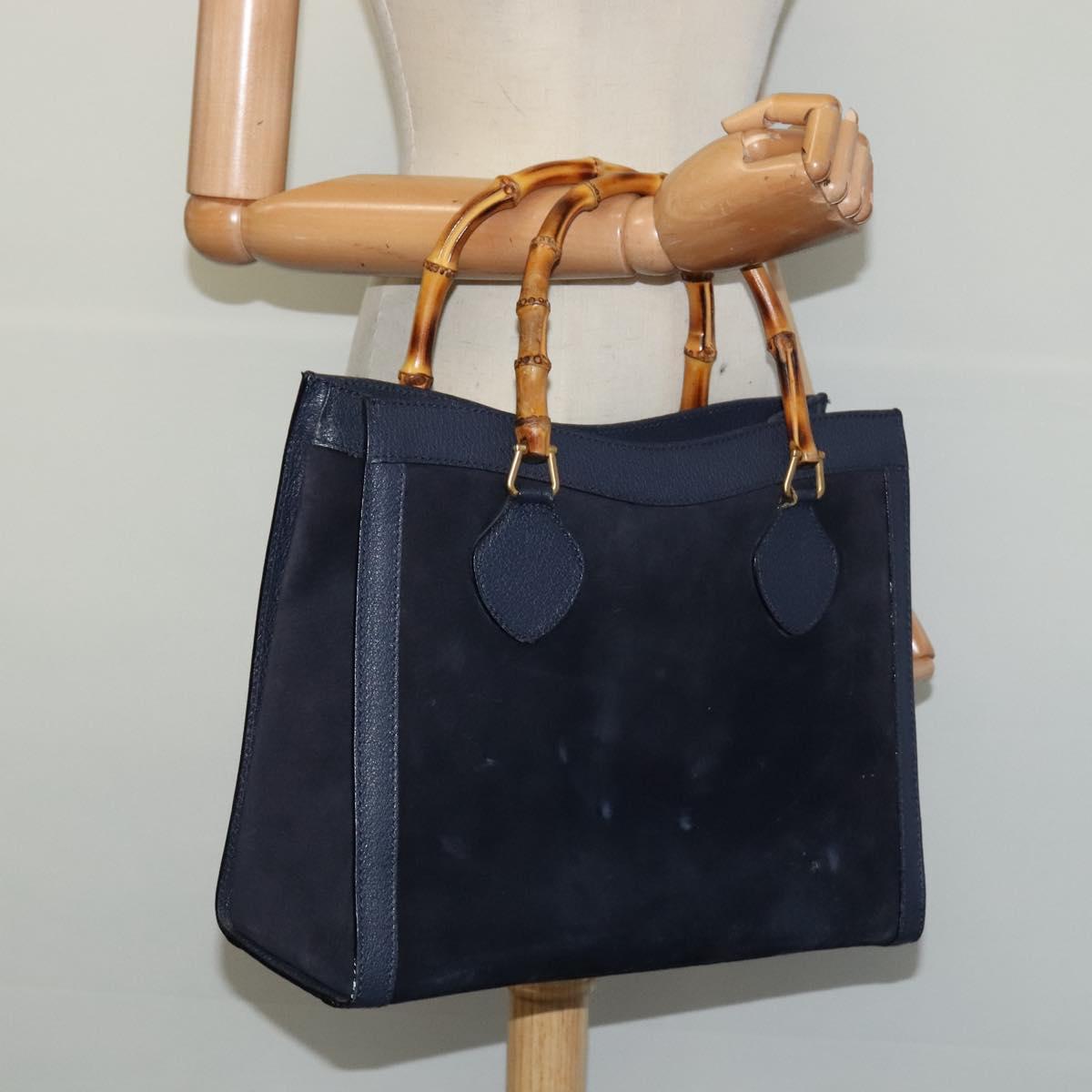 GUCCI Bamboo Hand Bag Suede Navy Gold 002 123 0260 Auth 127217