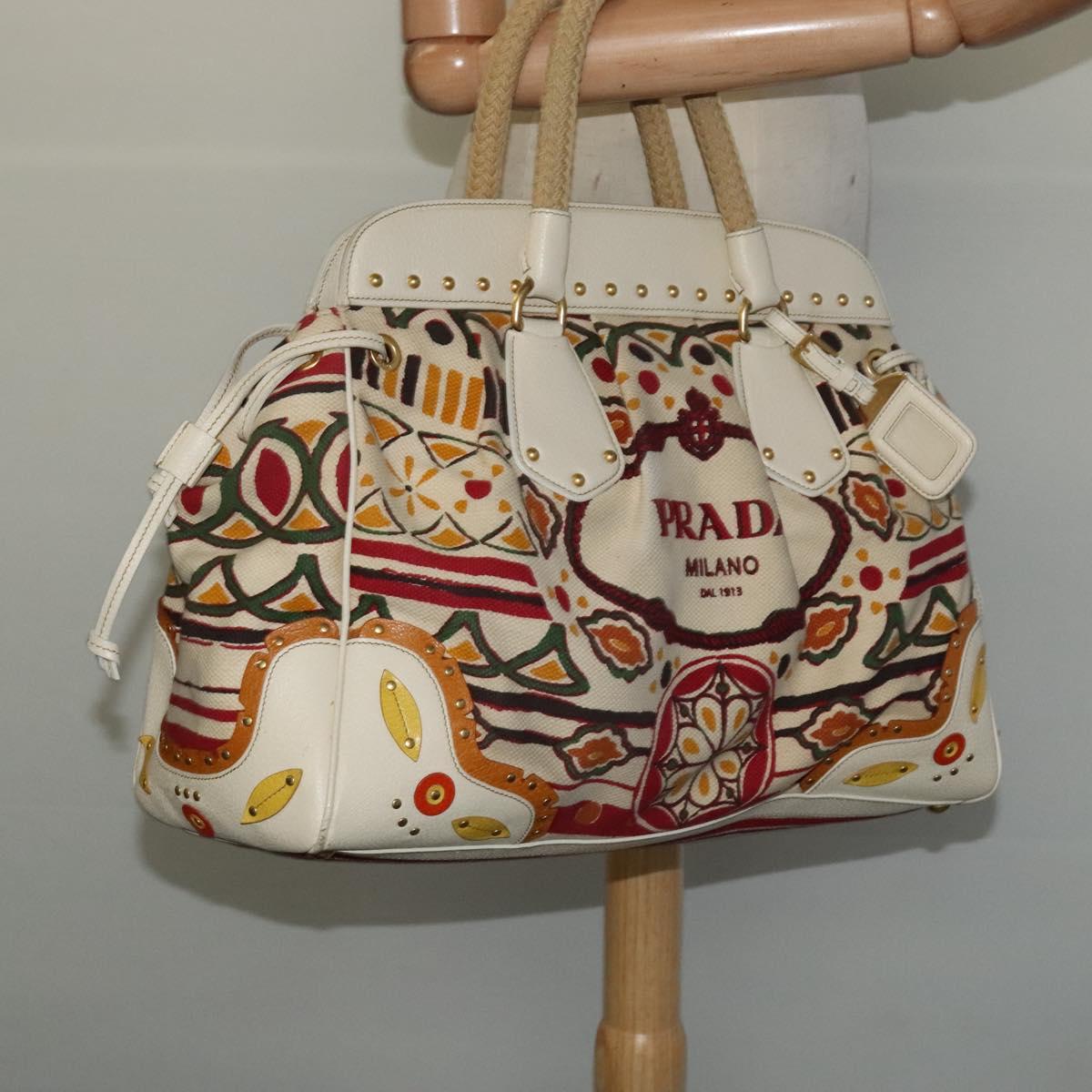 PRADA Hand Bag Canvas Beige Gold Auth 127232