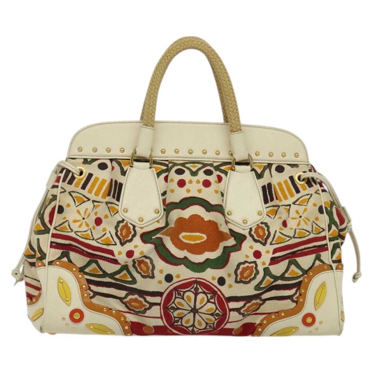 PRADA Hand Bag Canvas Beige Gold Auth 127232