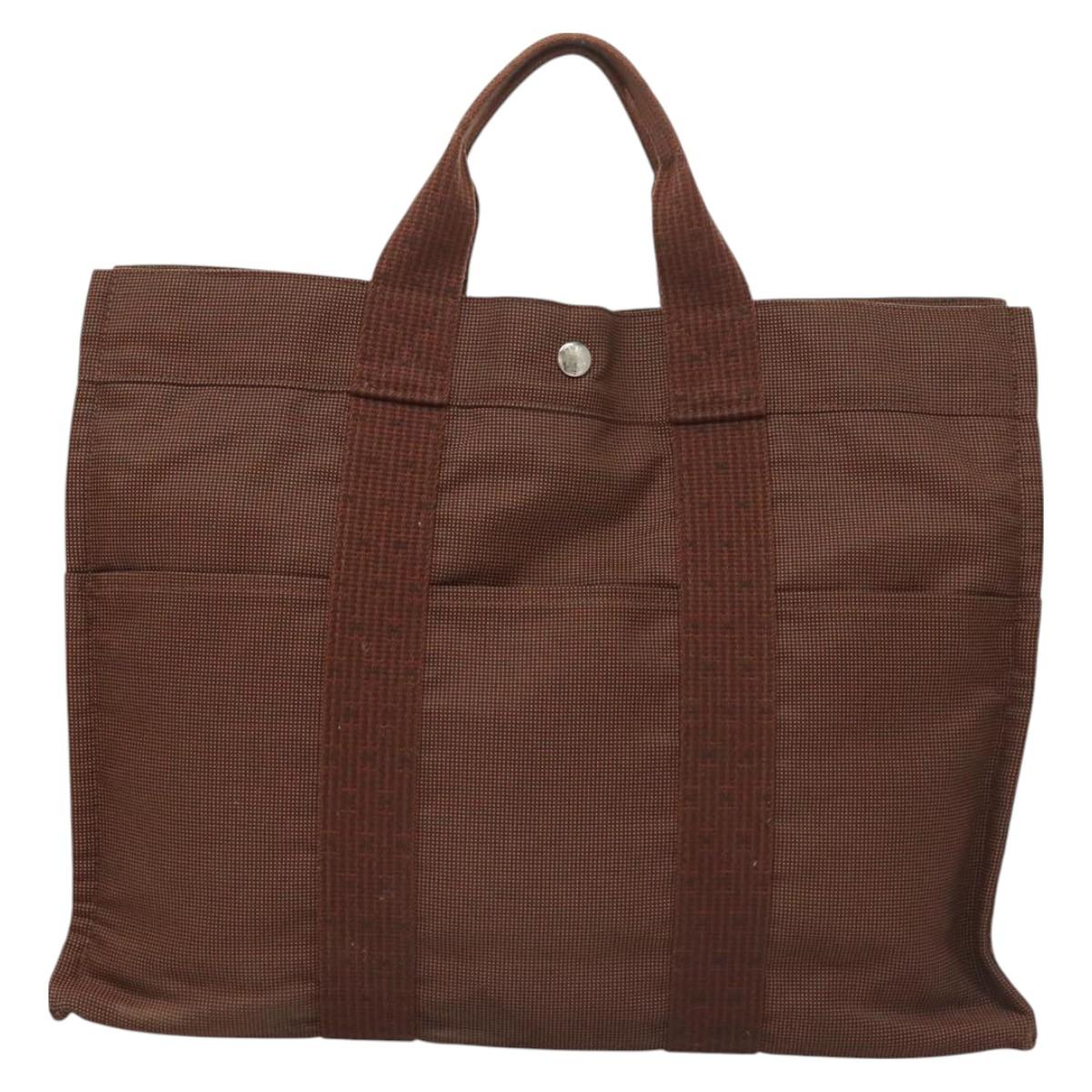 HERMES Her Line MM Hand Bag Canvas Brown Silver Auth 127252