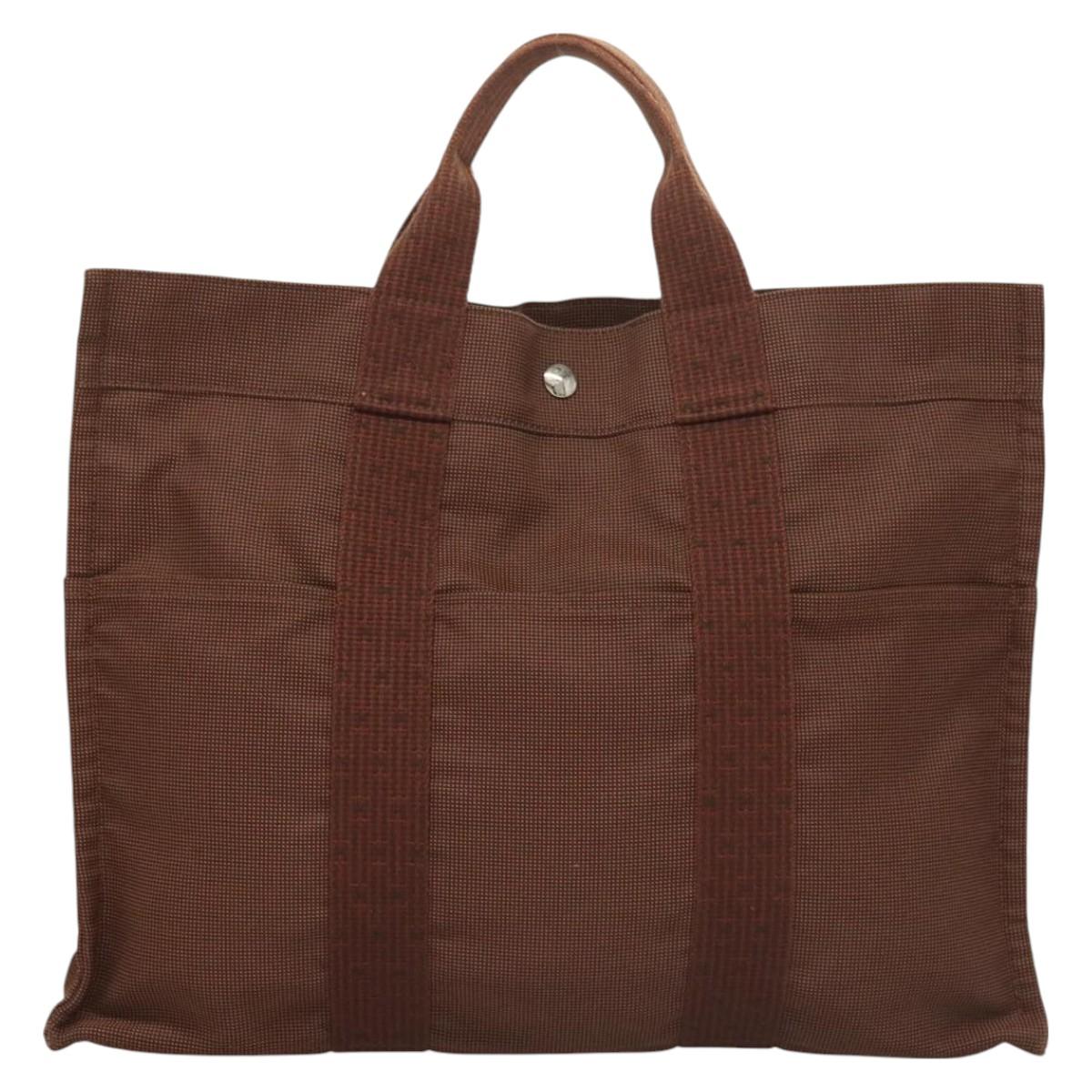 HERMES Her Line MM Hand Bag Canvas Brown Silver Auth 127252