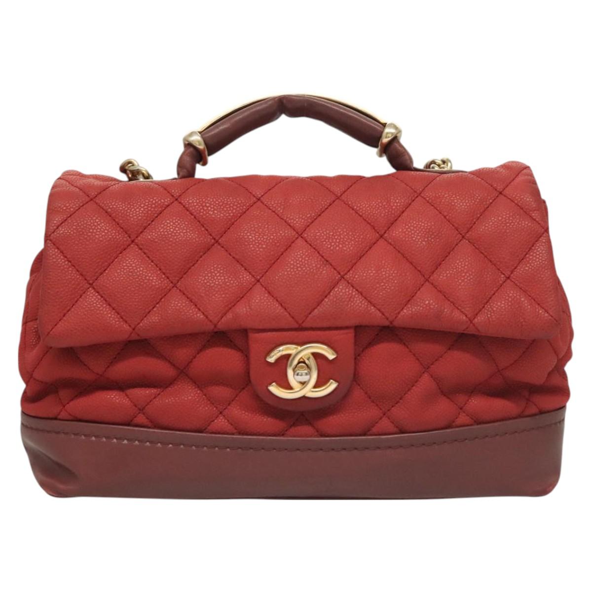 CHANEL Matelasse Chain Shoulder Bag Caviar Skin Red CC Auth 127257