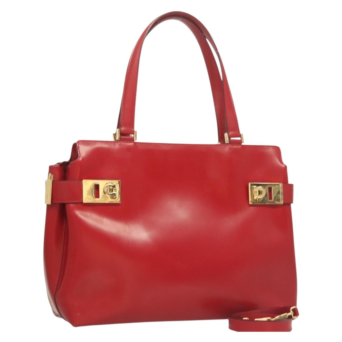 Salvatore Ferragamo Gancini Tote Bag Leather 2way Red Gold Auth 127314