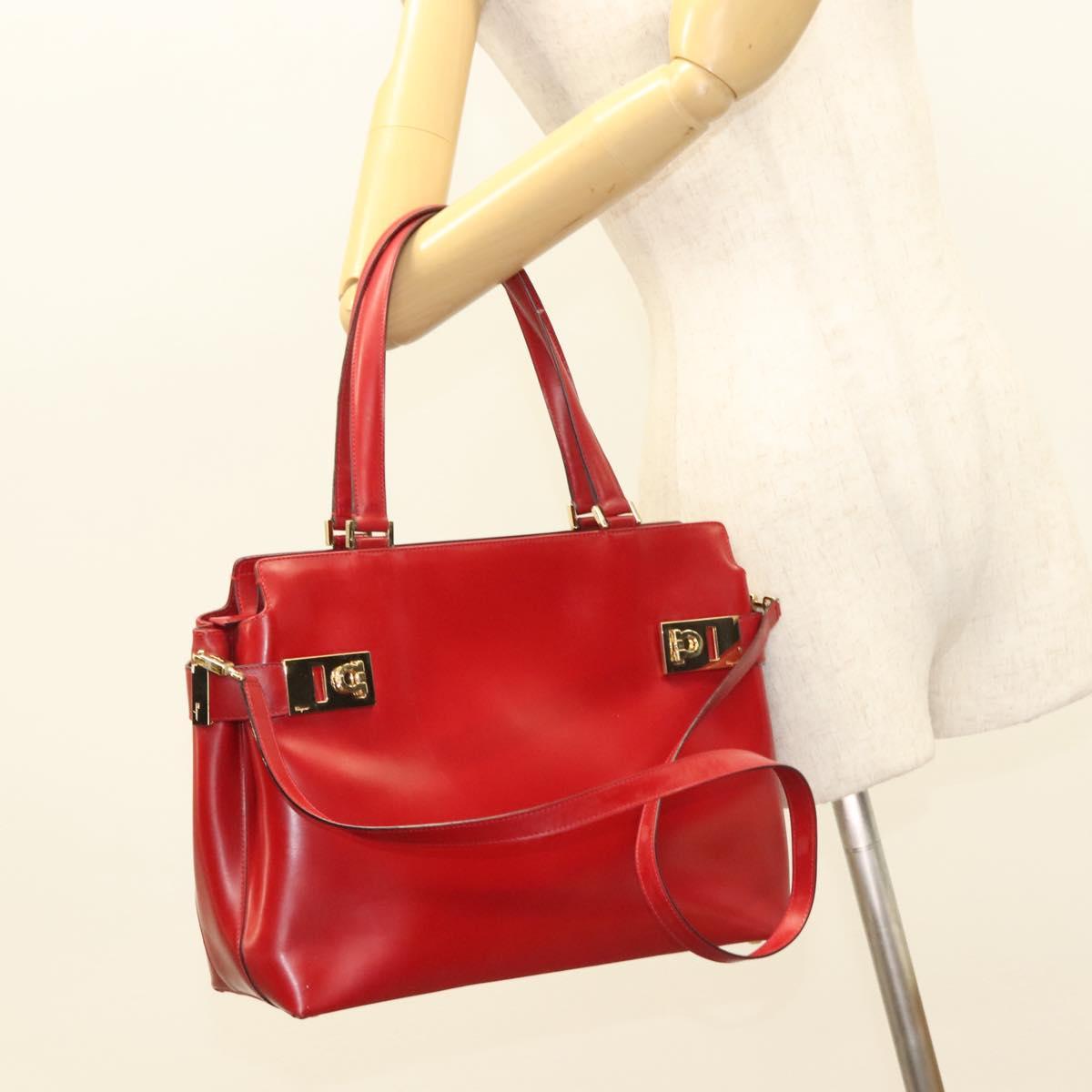 Salvatore Ferragamo Gancini Tote Bag Leather 2way Red Gold Auth 127314