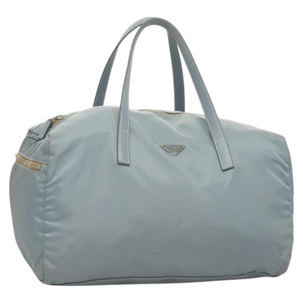 PRADA Boston Bag Nylon Light Blue Silver Auth 127318