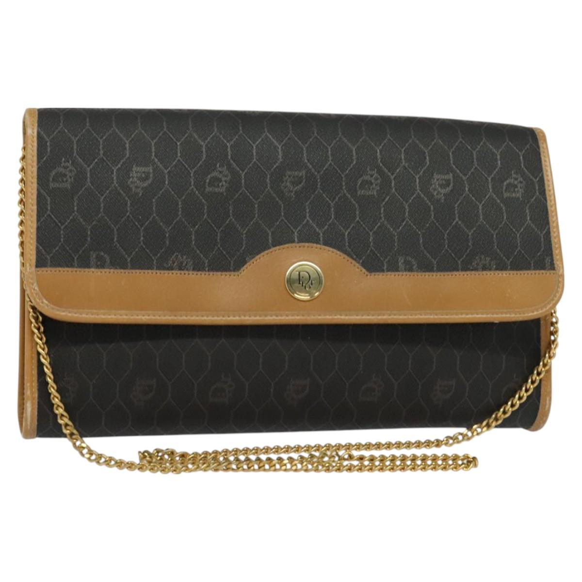 Christian Dior Honeycomb Canvas Chain Shoulder Bag PVC Black Gold Auth 127369