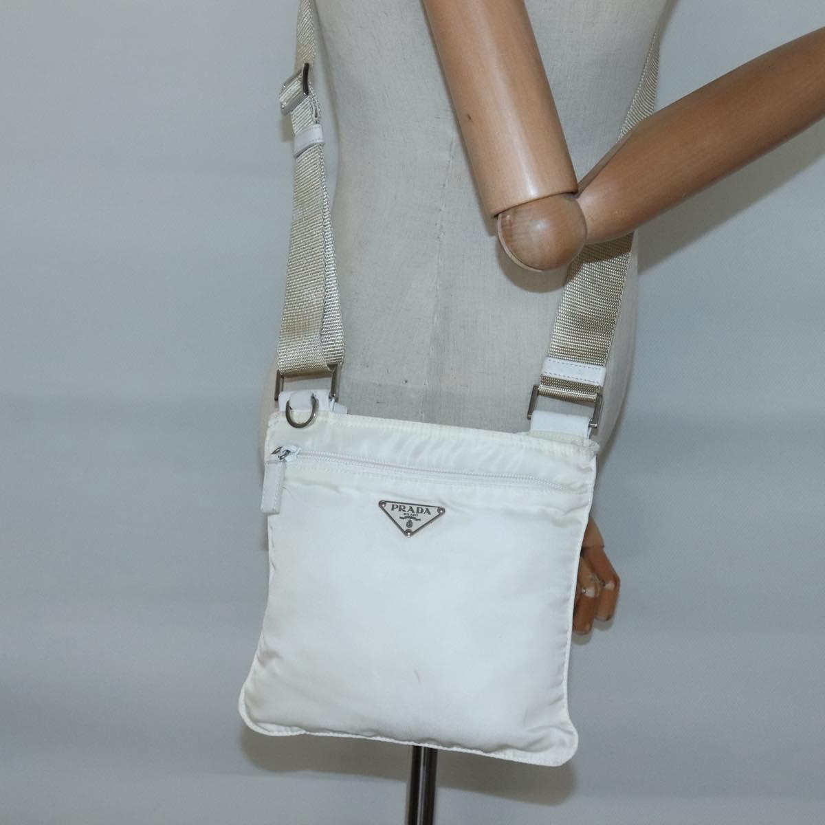 PRADA Shoulder Bag Nylon White Silver Auth 127376