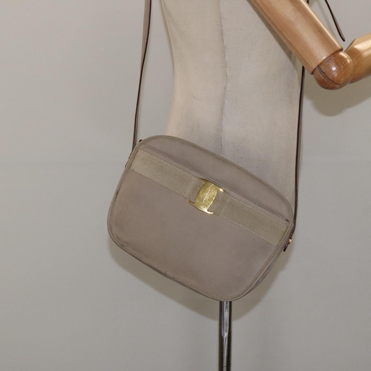 Salvatore Ferragamo Vala Shoulder Bag Suede Beige Gold Auth 127380