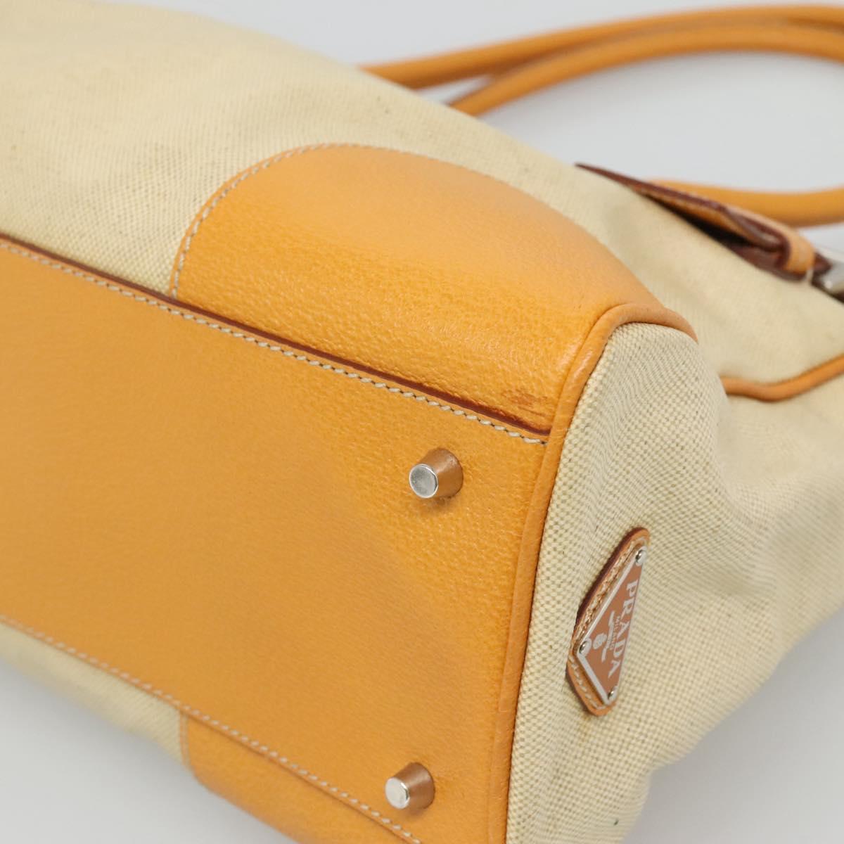 PRADA Hand Bag Canvas Beige Silver Auth 127392