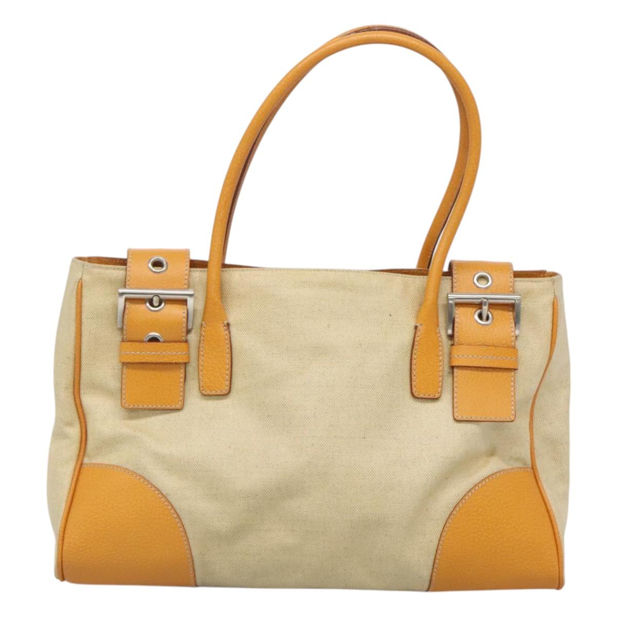 PRADA Hand Bag Canvas Beige Silver Auth 127392