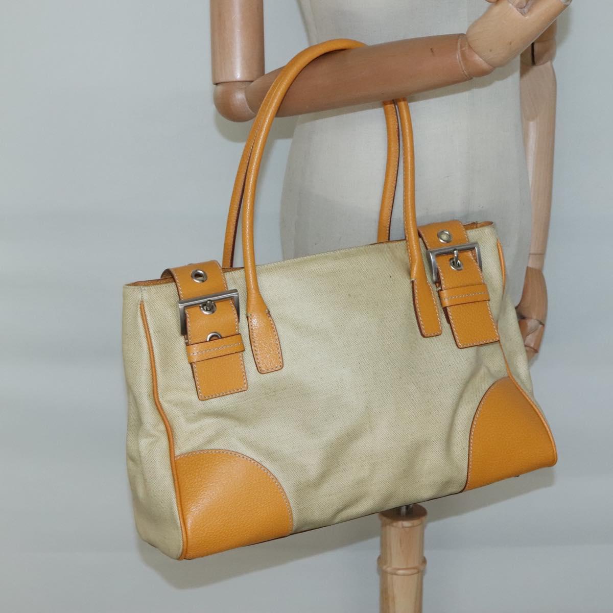 PRADA Hand Bag Canvas Beige Silver Auth 127392