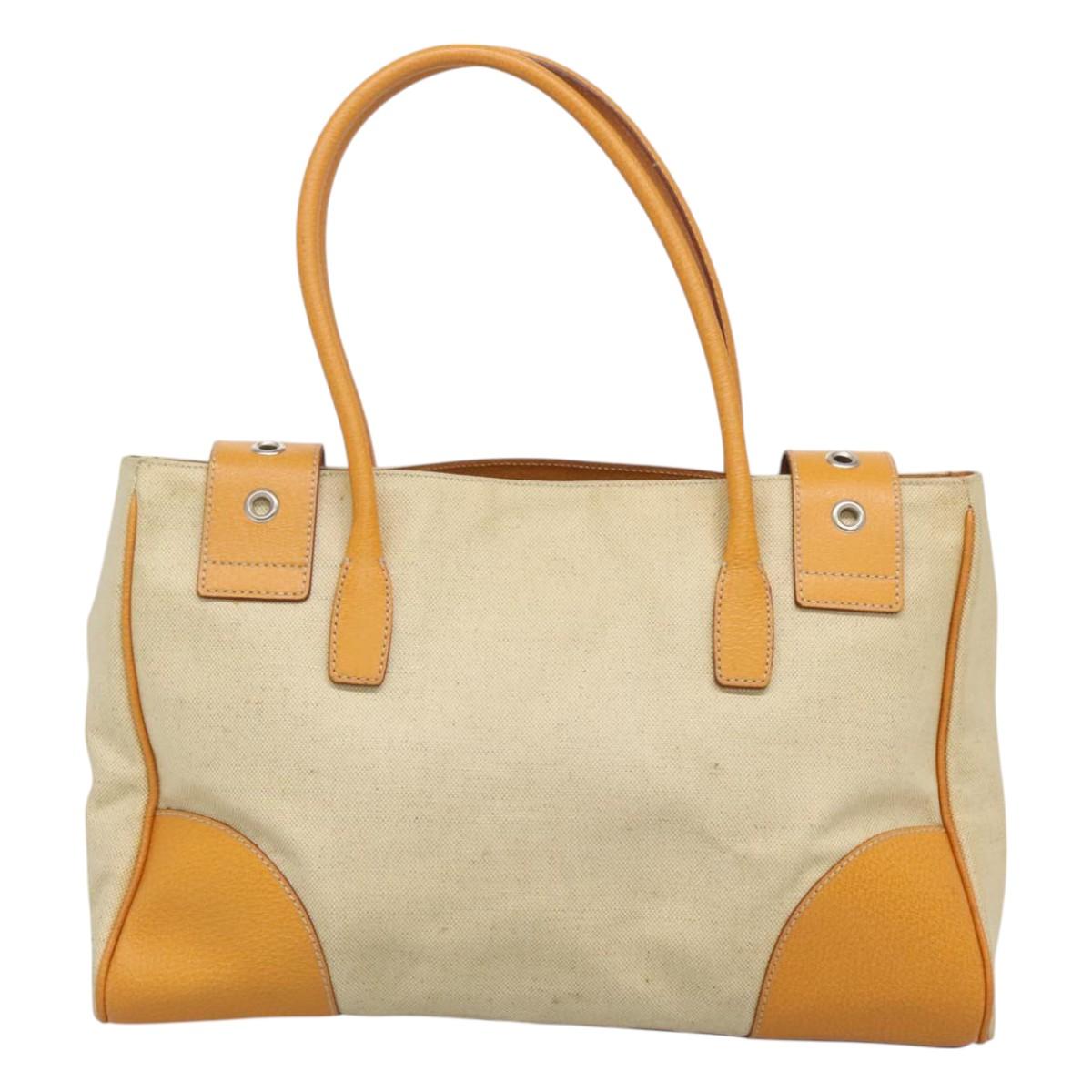 PRADA Hand Bag Canvas Beige Silver Auth 127392