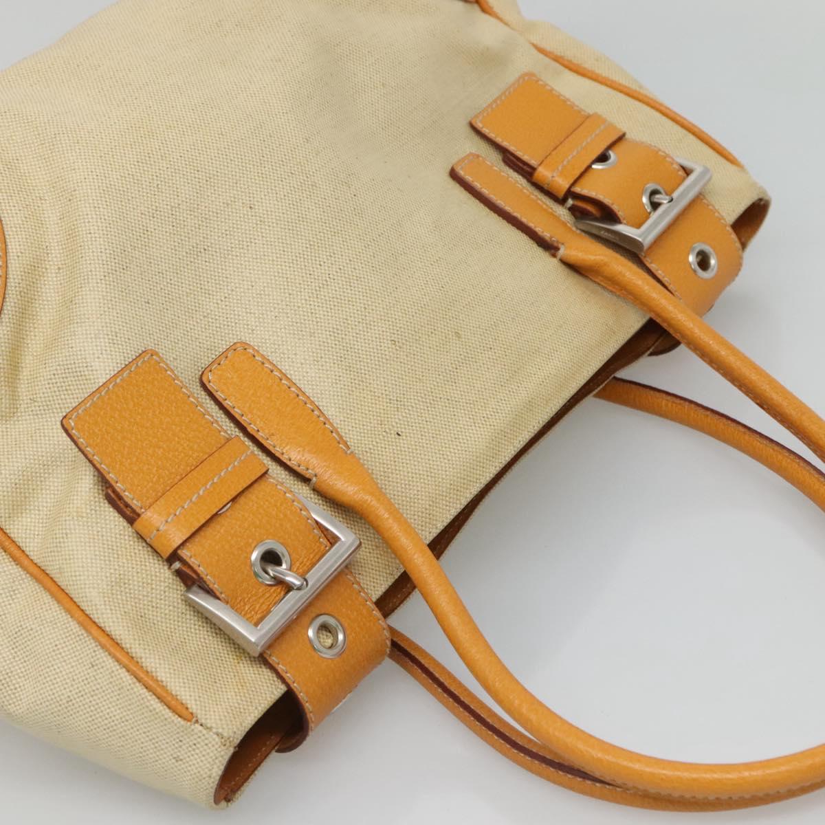 PRADA Hand Bag Canvas Beige Silver Auth 127392