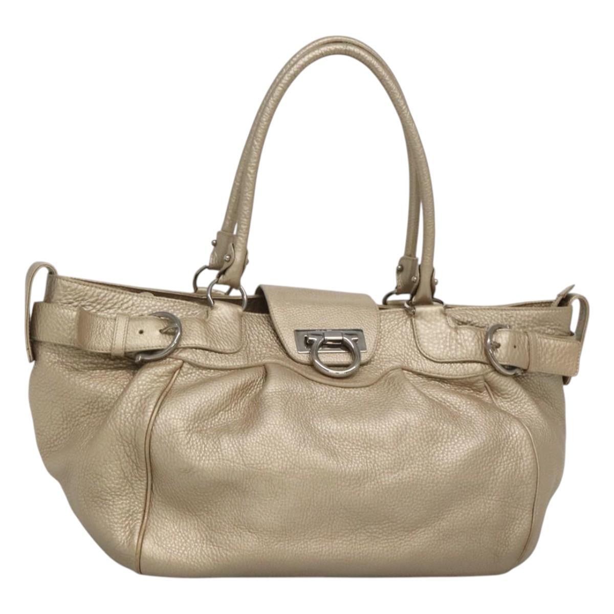 Salvatore Ferragamo Gancini Shoulder Bag Leather Gold Tone Silver Auth 127393