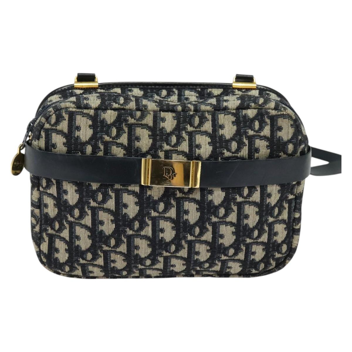 Christian Dior Trotter Canvas Shoulder Bag Navy Gold Auth 127500