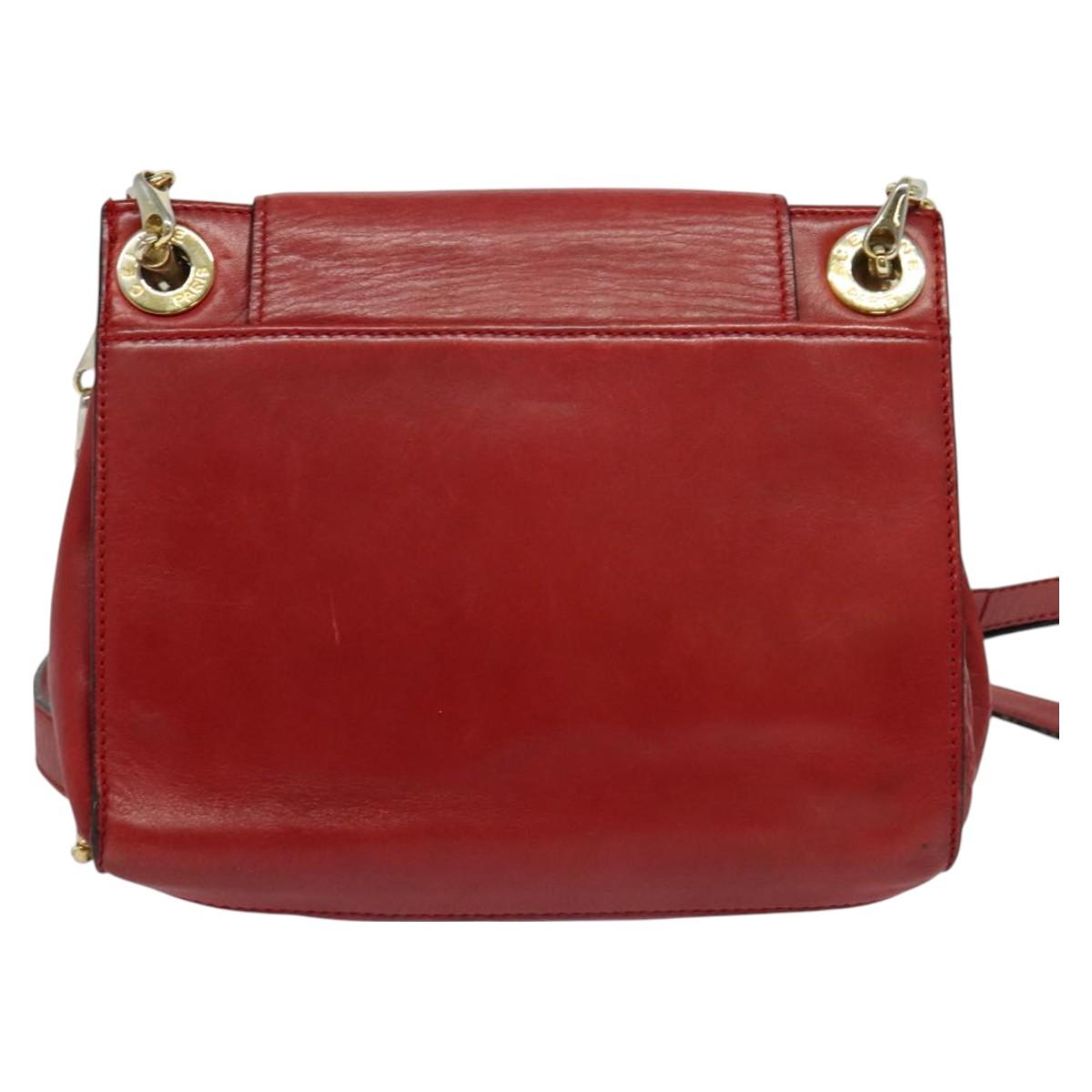 CELINE Chain Shoulder Bag Leather Red Gold Auth 127536
