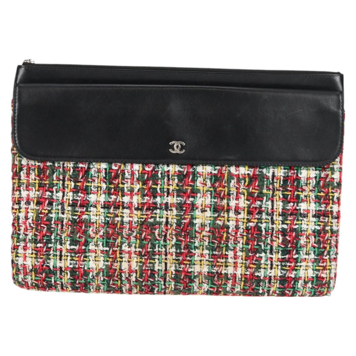 CHANEL Clutch Bag tweed Black Silver CC Auth 127554SAM