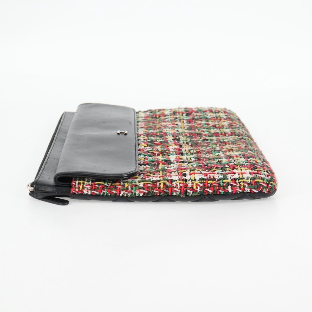 CHANEL Clutch Bag tweed Black Silver CC Auth 127554SAM